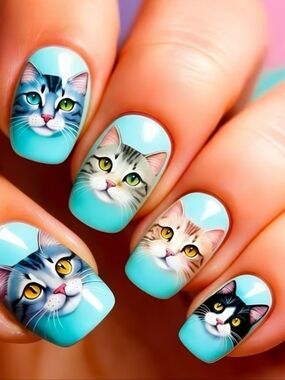 Blue Cat Press On Nails Cute Kawaii Short Square Glossy Nail Set